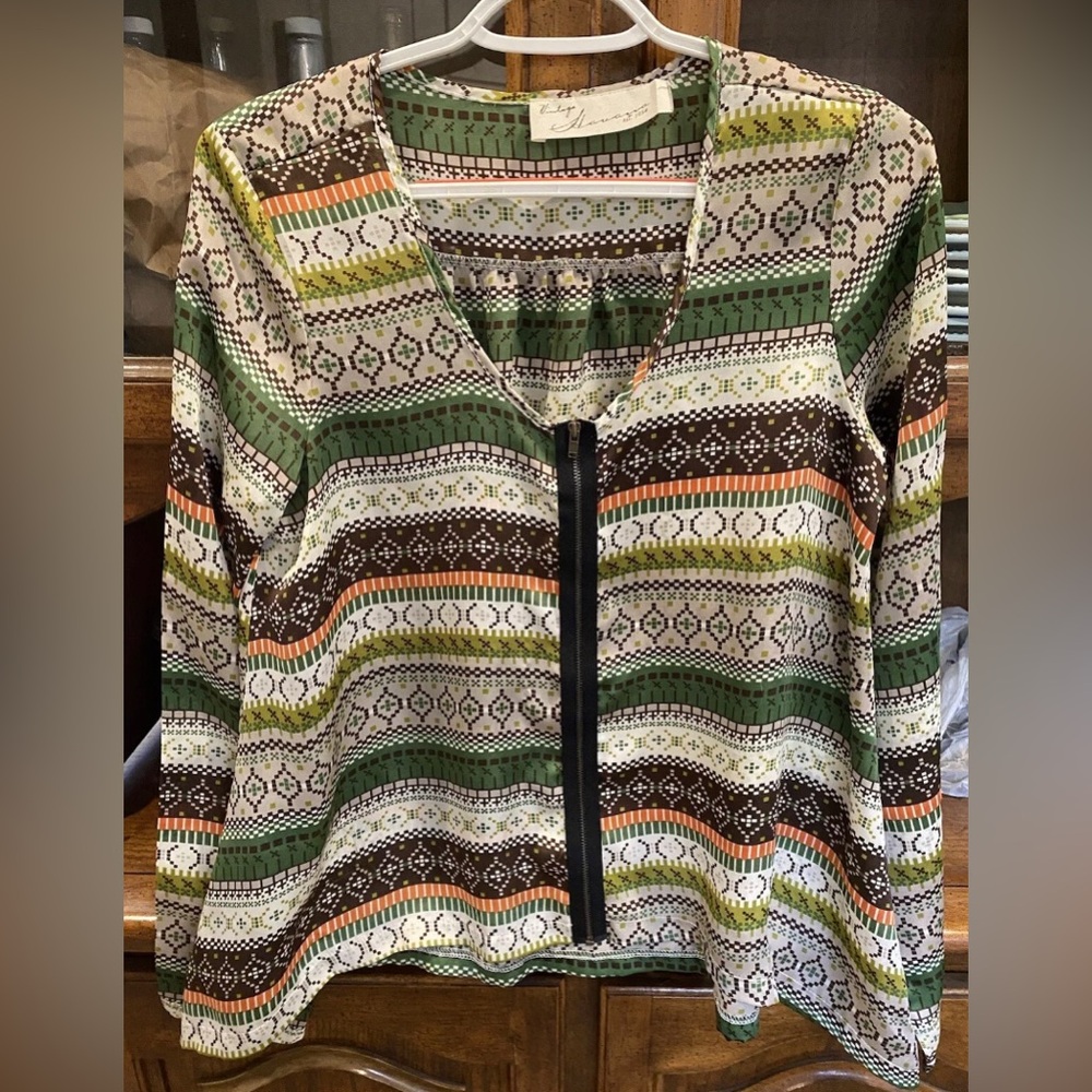 Beautiful Vintage Havana Multicolored Full Zipper Blouse Size‎ Medium